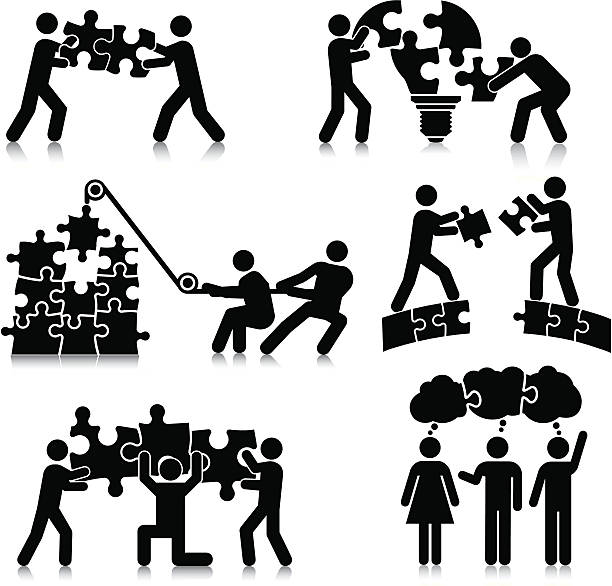 teamarbeit puzzle - stick figure communication connection thought bubble stock-grafiken, -clipart, -cartoons und -symbole