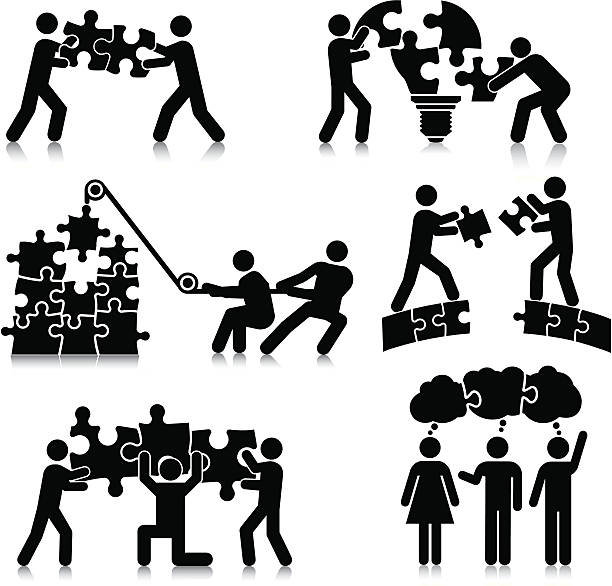 ilustrações de stock, clip art, desenhos animados e ícones de trabalho de equipa de'puzzle' - stick figure communication connection thought bubble