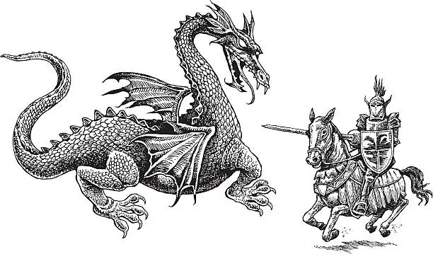Vector illustration of Knight and Dragon - Medieval