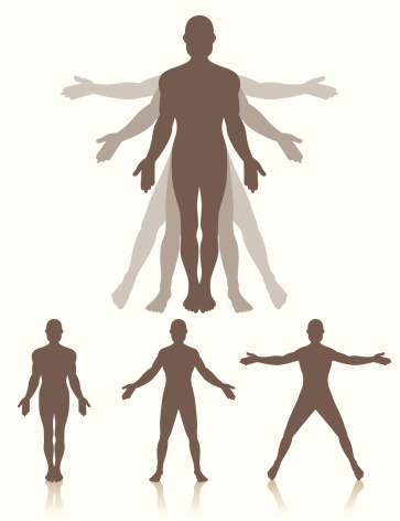 A man standing in three different positions that are part of the motions involved in exercising or moving.  A large character is shown with silhouettes behind in the two other positions, with arms being raised and legs and feet spreading out.  Also three characters in each position alone.