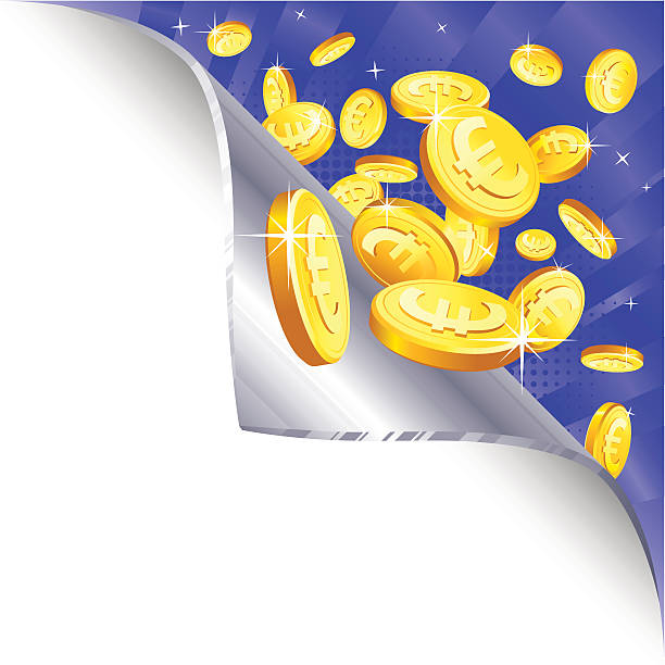 Page Curl - gold euro coins Metal plate corner curl, blue background and euro gold coin blast. background of a euro coins stock illustrations
