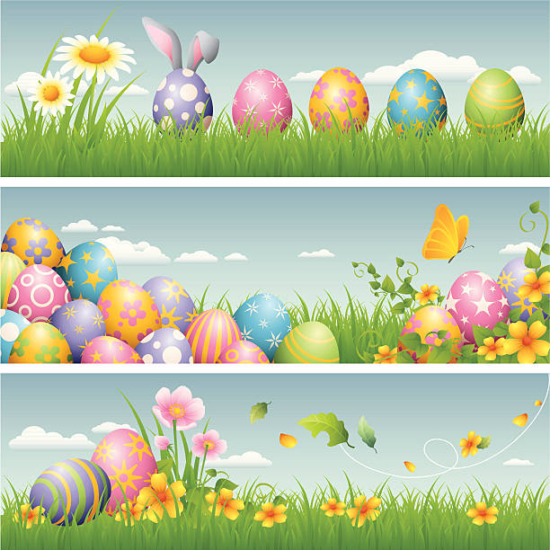 ilustraciones, imágenes clip art, dibujos animados e iconos de stock de banner de pascua - spring grass cloud butterfly