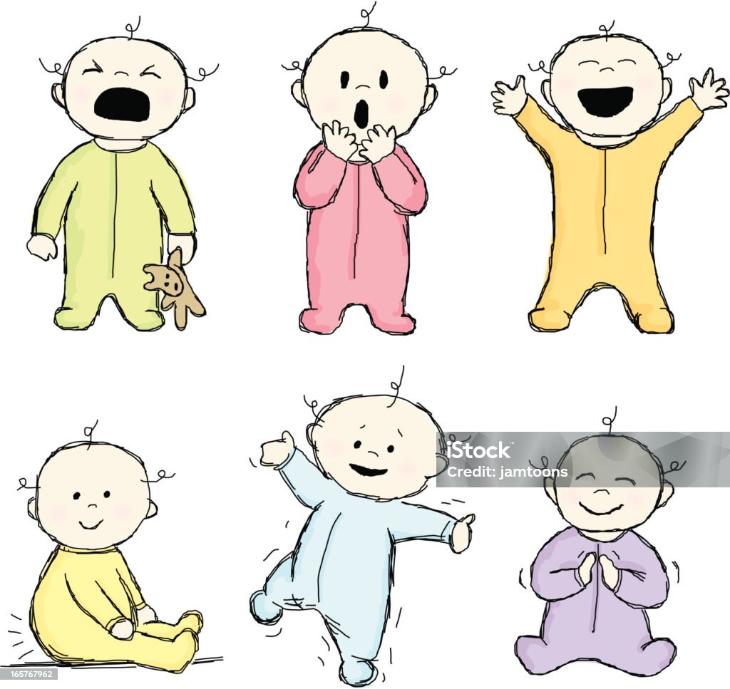 Doodle Babies A collection of six whimsically illustrated babies portraying a variety of emotions. Each baby is on a separate layer and colors are easily editable. Baby - Human Age stock vector