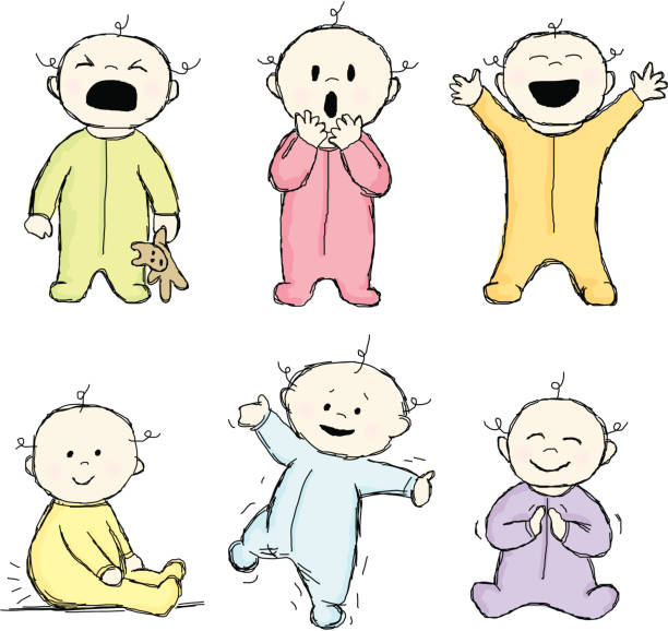 Doodle Babies A collection of six whimsically illustrated babies portraying a variety of emotions. Each baby is on a separate layer and colors are easily editable. Babies Only stock illustrations