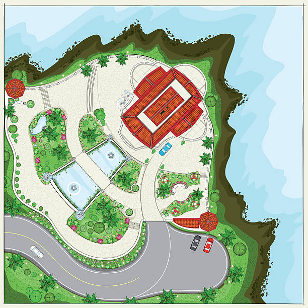 top planung einer villa an der klippe in der nähe von meer - garden statue stock-grafiken, -clipart, -cartoons und -symbole