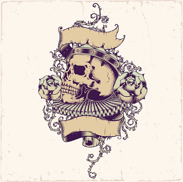 czaszka tatuaż projekt - death bed illustration and painting engraving stock illustrations