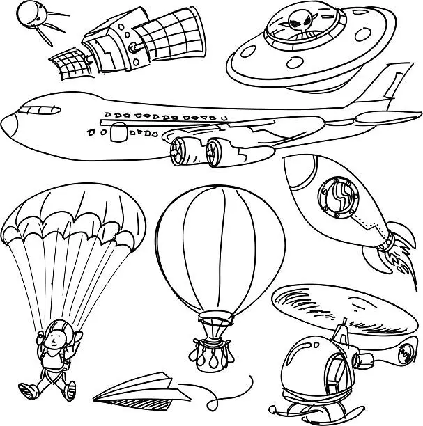 Vector illustration of Flying objects collection in black and white