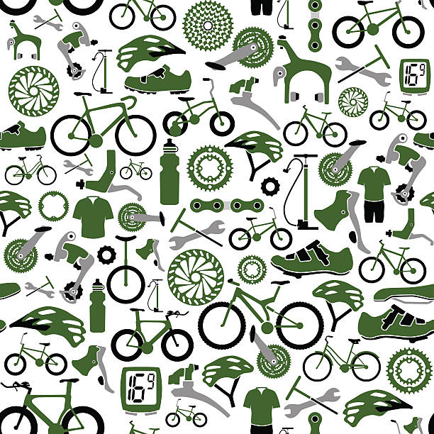 illustrazioni stock, clip art, cartoni animati e icone di tendenza di seamless pattern di moto e biciclette parti - bicycle gear