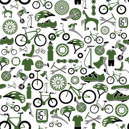 Vector illustration of tillable seamless bikes and bike parts pattern. Global colors allow changing the colors easily.