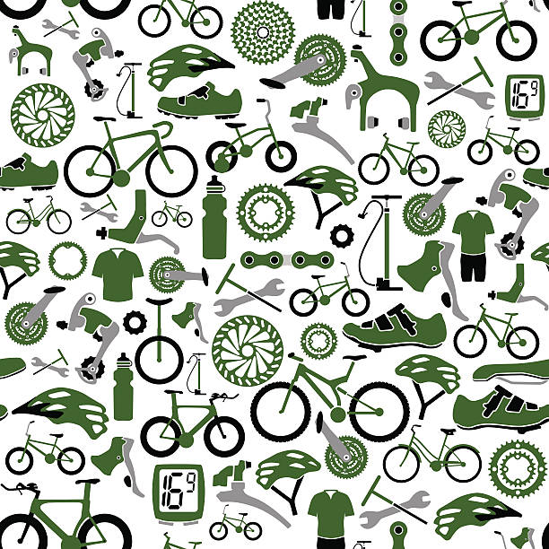 Seamless Bikes and Bike Parts Pattern Vector illustration of tillable seamless bikes and bike parts pattern. Global colors allow changing the colors easily. bicycle patterns stock illustrations