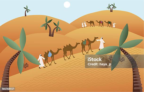 Camel Caravan Walking Among Sand Dunes Of Middle Eastern Desert Stock Illustration - Download Image Now