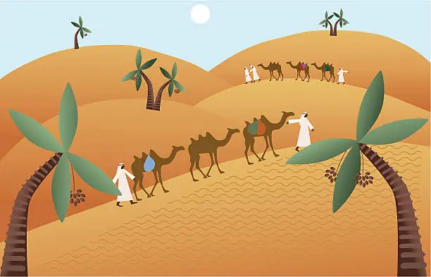 Vector illustration of Camel Caravan Walking Among Sand Dunes Of Middle Eastern Desert
