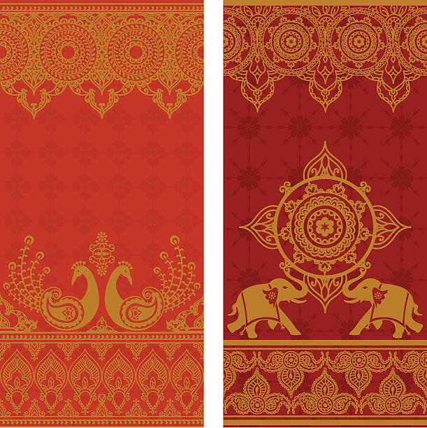 Sari Borders A pair of extra tall seamless sari border designs with intricate gold details, featuring a pair of ornate peacocks and a pair of decorated elephants. (Includes .jpg)  hinduism stock illustrations