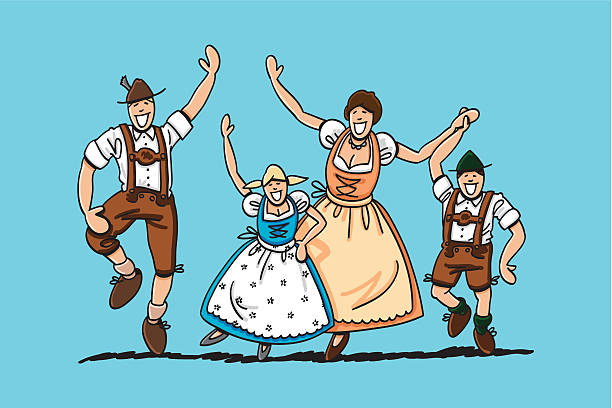 Dancing Beer Fest Family "Vector illustration of a happy dancing bavarian family in Dirndl and Lederhosen. The line art, color and background are on separate layers, so you also can use the illustration on your own background. The colors in the .eps-file are ready for print (CMYK). Included files: EPS (v8) and Hi-Res JPG." pics of dirndl skirt stock illustrations