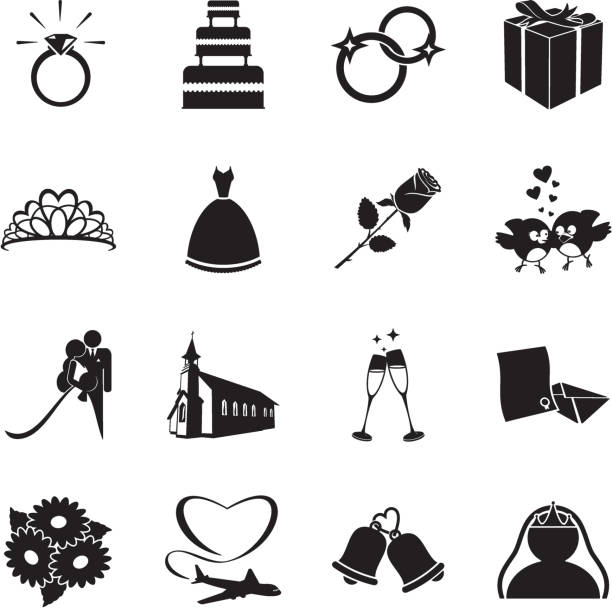 ilustrações, clipart, desenhos animados e ícones de ícones de casamento - wedding black and white weddings rose