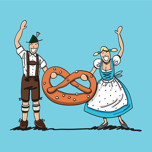 Bavarian Couple Holding Pretzel "Vector illustration of a waving bavarian couple in Dirndl and Lederhosen. They're holding a XXL Pretzel. The line art, color and background are on separate layers, so you also can use the illustration on your own background. The colors in the .eps-file are ready for print (CMYK). Included files: EPS (v8) and Hi-Res JPG." pics of dirndl skirt stock illustrations