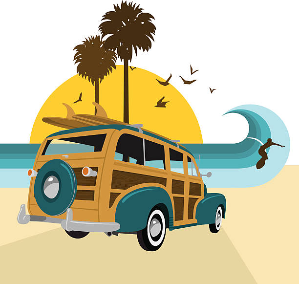 retro vintage surf.surf's up-reihe. woody, surfbrett, sommer und meer - kinder sport auto stock-grafiken, -clipart, -cartoons und -symbole