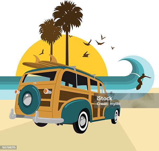 Retro Vintage Surfsurfs Up Serii Woody Surfboard Lato Morze - Stockowe grafiki wektorowe i więcej obrazów Samochód