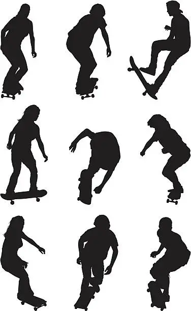 Vector illustration of Male and female silhouettes on skateboards skateboarding
