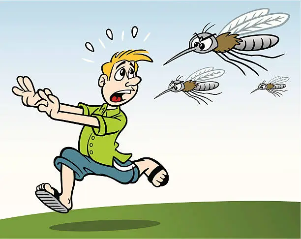 Vector illustration of Man Being Chased By Mosquitos
