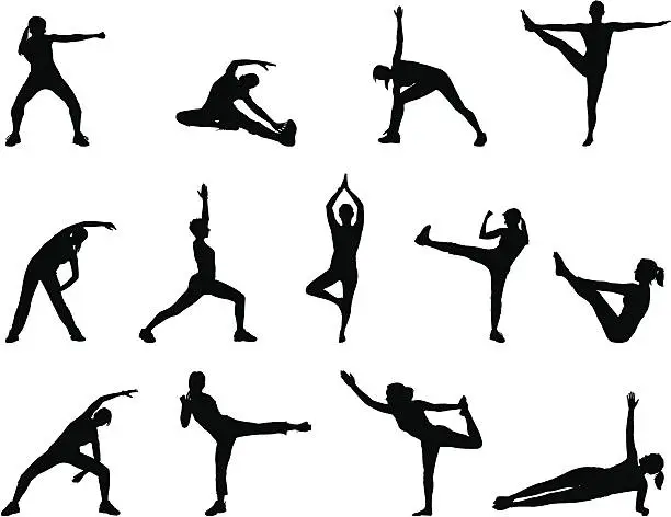 Vector illustration of Black silhouettes doing yoga poses on a white background