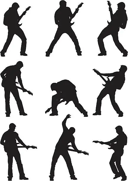 Vector illustration of Male silhouettes rocking out on guitar