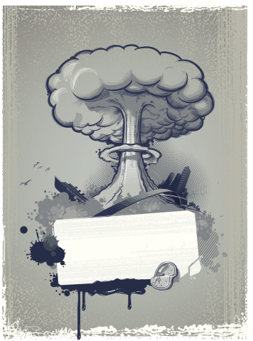 Grunge composition with nuclear explosion on gray background