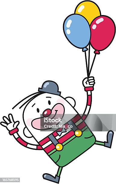 Comic Clown Fliegt Mit Ballons Stock Vektor Art und mehr Bilder von Clown - Clown, Geburtstag, Luftballon