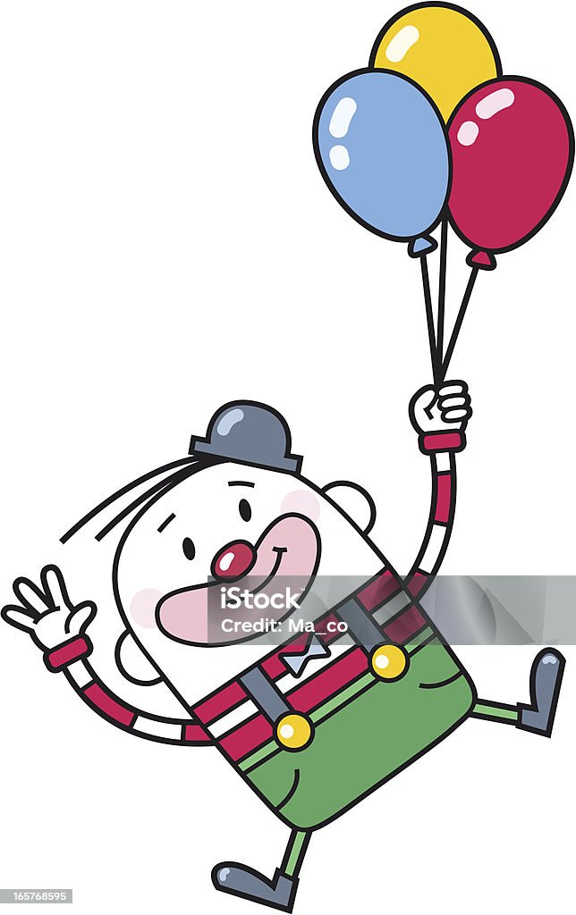 Fumetto di clown con palloncini vola - arte vettoriale royalty-free di Clown