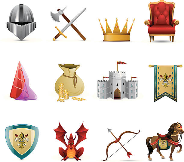 ilustraciones, imágenes clip art, dibujos animados e iconos de stock de medieval caballero iconos - medieval knight helmet suit of armor