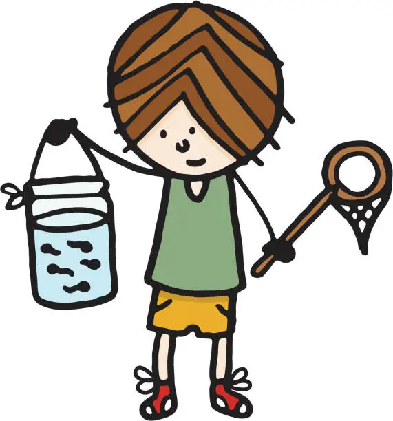 Vector illustration of Boy with net and tadpoles in a jar