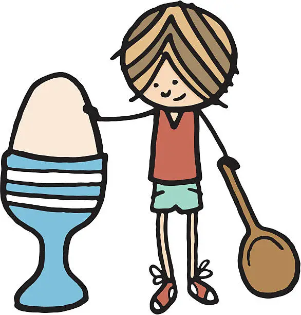 Vector illustration of boy stood next to large egg in eggcup