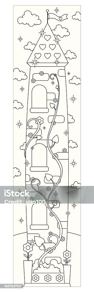 Fairy Princess Tower with Climbing Beanstalk to Color In. Fairy princess tower and climbing beanstalk in outline with fluffy clouds in background. Print out and color in!  Rapunzel stock vector