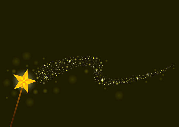 A magical yellow wand giving off light and sparkles Star shape magic wand with magical glittering trail. No mesh gradient. can be edited in illustrator or freehand. high resolution jpg and high quality pdf included magic wand stock illustrations