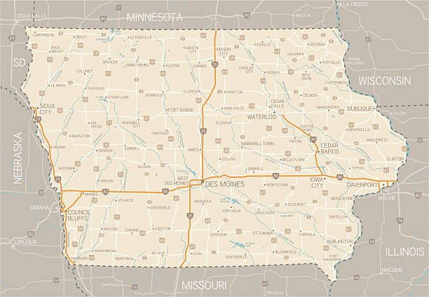 Iowa Map A detailed map of Iowa state with cities, roads, major rivers, and lakes. Includes neighboring states and surrounding water.  iowa stock illustrations