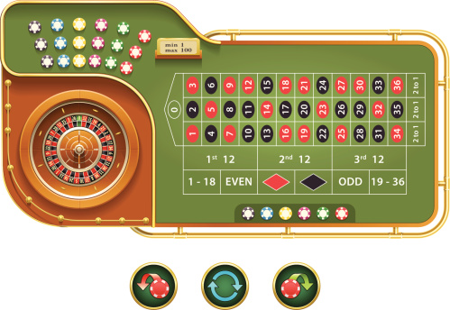 Interface of European Roulette. Top view on casino table with chips