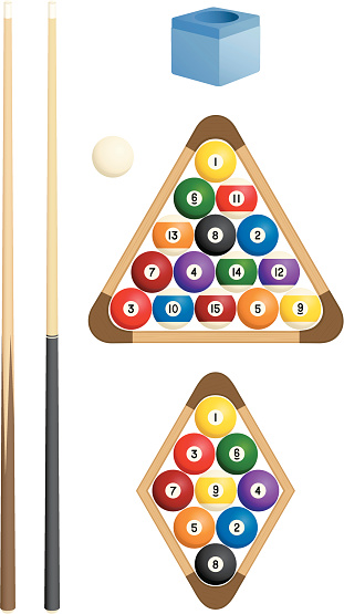 Vector illustration of a variety of billiards-related items.  Included are two pool cues, a cue ball, chalk, an 8-ball rack with 15 balls, and a 9-ball rack with 9 balls. Illustration uses linear and radial gradients.  Both .ai and AI8-compatible .eps formats are included, along with a high-res .jpg.