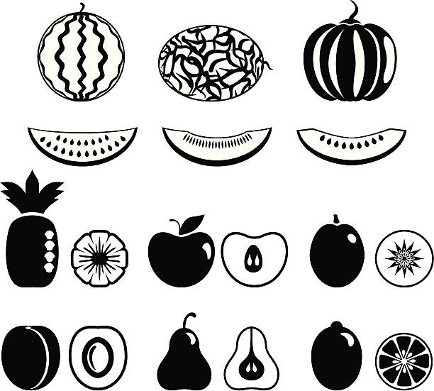 ilustraciones, imágenes clip art, dibujos animados e iconos de stock de frutas y melons iconos - portion apple food pattern