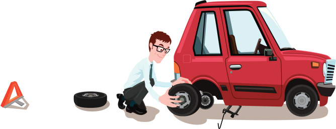 Illustration of a man changing the tire on his car