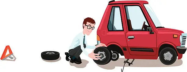 Vector illustration of Illustration of a man changing the tire on his car