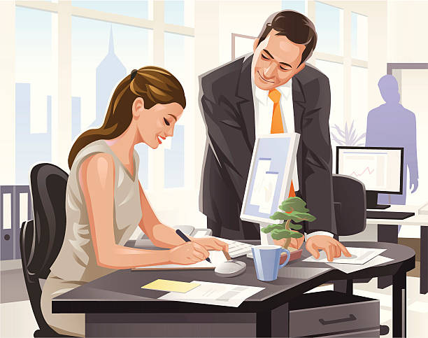 Office Colleagues A man and a woman working together in an office. Vector with layers. work romance stock illustrations