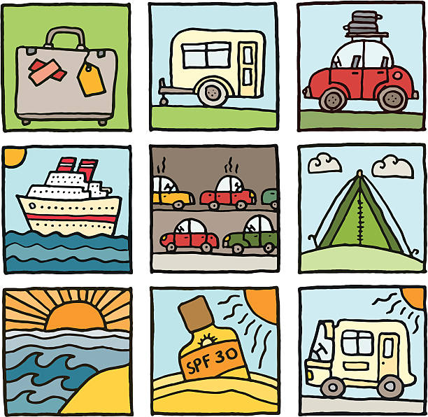 wakacje i podróże zestaw ikon kreskówka, blok - mobile home symbol computer icon motor home stock illustrations