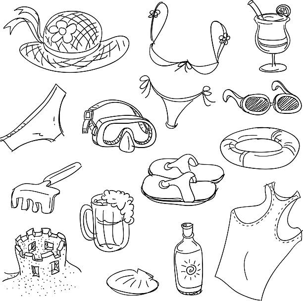 illustrations, cliparts, dessins animés et icônes de loisirs sur la plage de noir et blanc - swimming trunks swimwear summer bikini