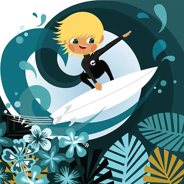 Vector illustration of Little blonde surfer. Surfing. Beach boy