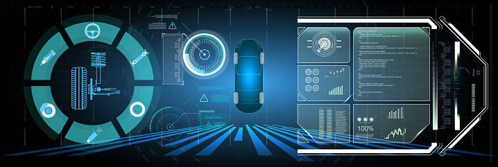 Automotive Steering System infographic diagram showing both types Driving control system without driver assistance Safe driving Vector Futuristic car user interface HUD UI Hologram of the car scanning