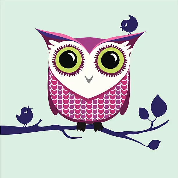 Vector illustration of Owl & birds on branch