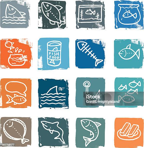 Ícone Do Grunge De Blocos - Arte vetorial de stock e mais imagens de Comida para peixe - Comida para peixe, Texturizado, Douradinho