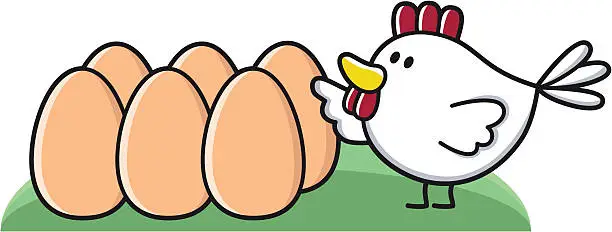 Vector illustration of cartoon chicken with six eggs