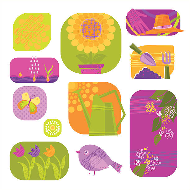 ilustraciones, imágenes clip art, dibujos animados e iconos de stock de jardinería de flores - tulip sunflower single flower flower
