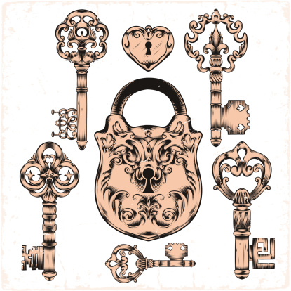antique keys and lock, editable vector objects